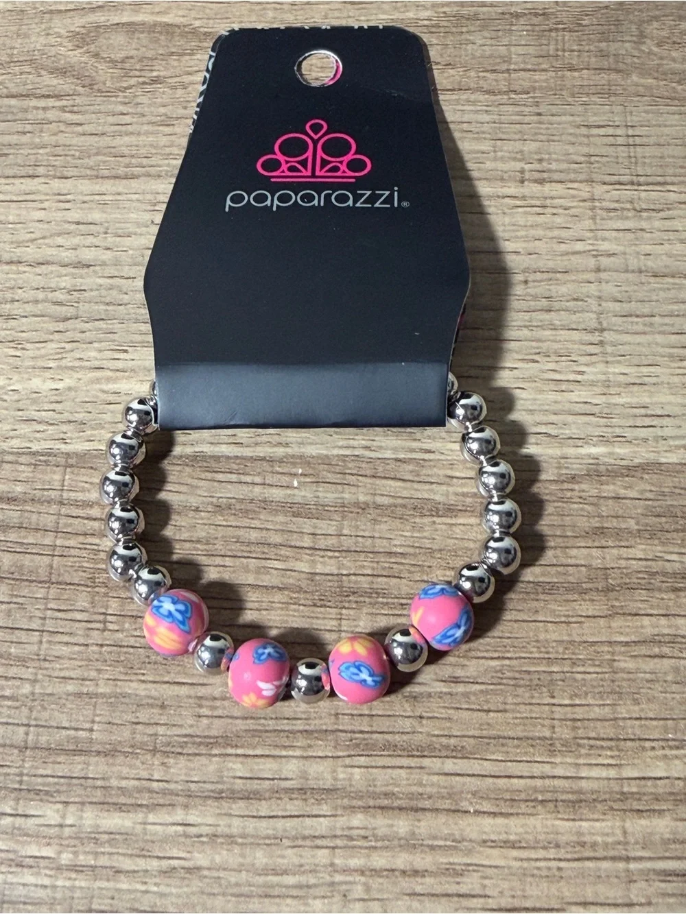 paparazzi Pink Floral Bead and Silver-Tone Stretch Bracelet